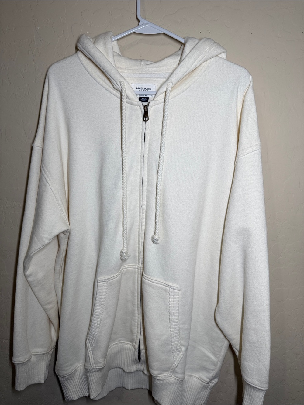 American Eagle Off-White Zip Hoodie with Antique Metal Zipper